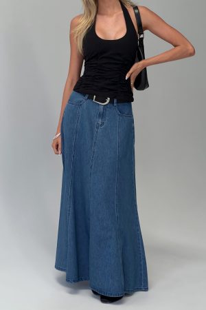 Charleigh Soft Pleat Denim Maxi Skirt Mid Blue Wash