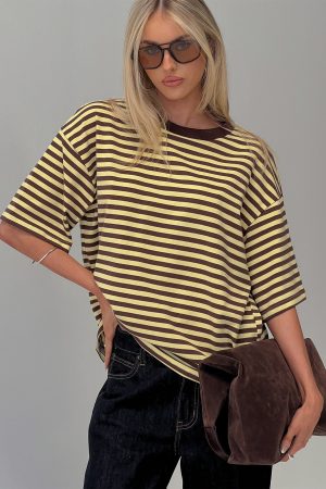 Settle Down Short Sleeve Top Yellow / Brown Stripe