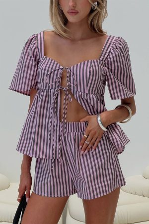 Two Young Hearts Tie Up Set Pink / Brown Stripe