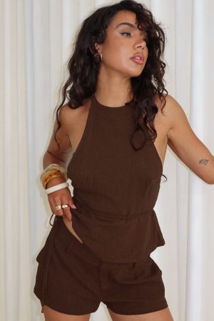 Stara Halter Linen Top Chocolate