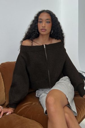 Ortensa Off Shoulder Zip Through Jumper Brown