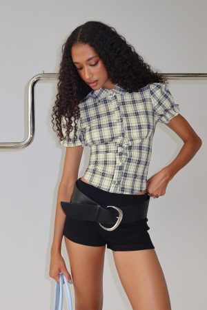 Maxfield Collared Button Up Blouse Top Multi Check