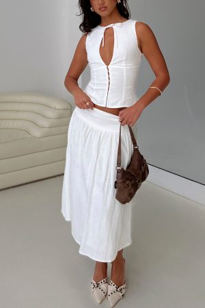 Heart Of Gold Linen Blend Midi Skirt White