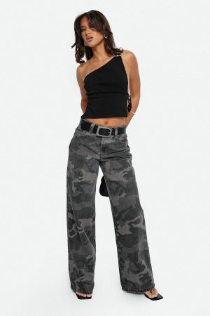 Big Talk Mid Rise Straight Leg Jeans Grey Washed Camo