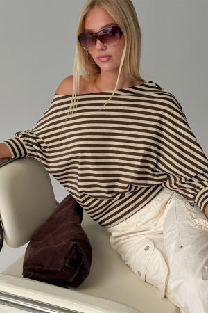 Keyes 3/4 Sleeve Off Shoulder Top Multi Stripe