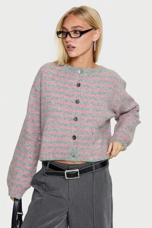 Raynna Button Up Cardigan Pink / Grey Stripe