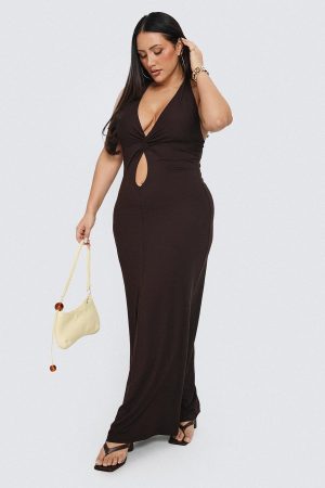 No Hard Feelings Twist Maxi Dress Brown Curve