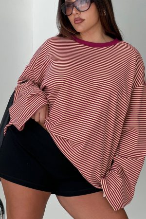 Settle Down Long Sleeve Top Lemon / Burgundy Stripe Curve