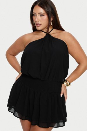 Khamira Halter Shirred Mini Dress Black Curve