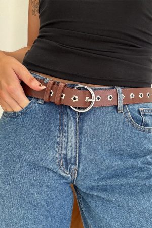 Alstro Faux Leather Flower Studded Belt Brown / Silver
