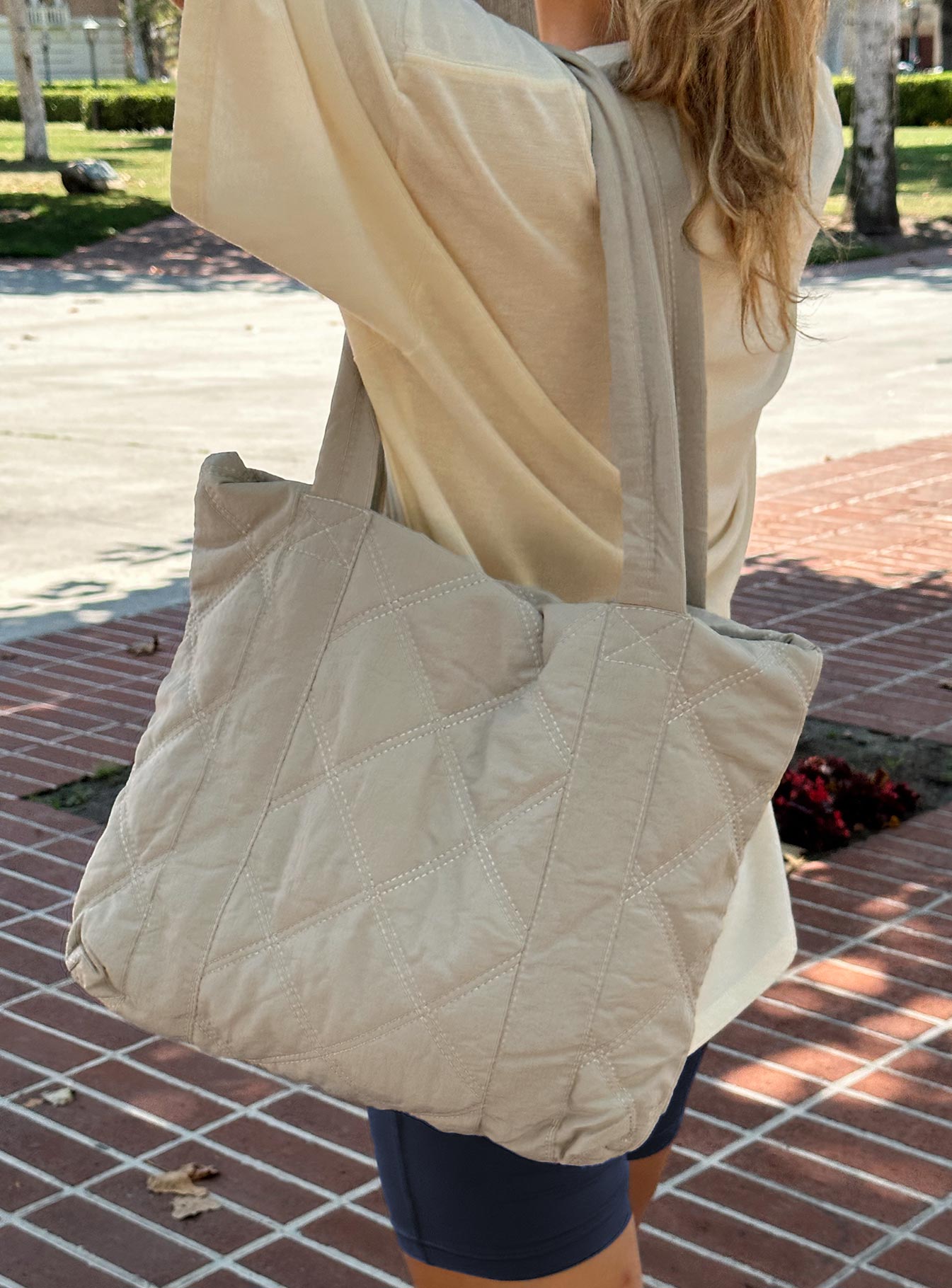 Jovie Nylon Quilted Tote Beige - Image 3
