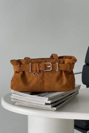 Views Of Capri Faux Suede Buckle Shoulder Bag Brown