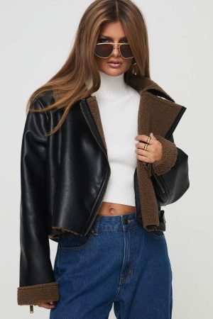 Shearling Trim Faux Leather Jacket Black