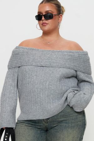 Snowie Off Shoulder Knit Sweater Grey Curve