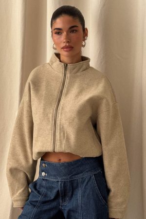 Chayden Cropped Faux Wool Bomber Jacket Beige