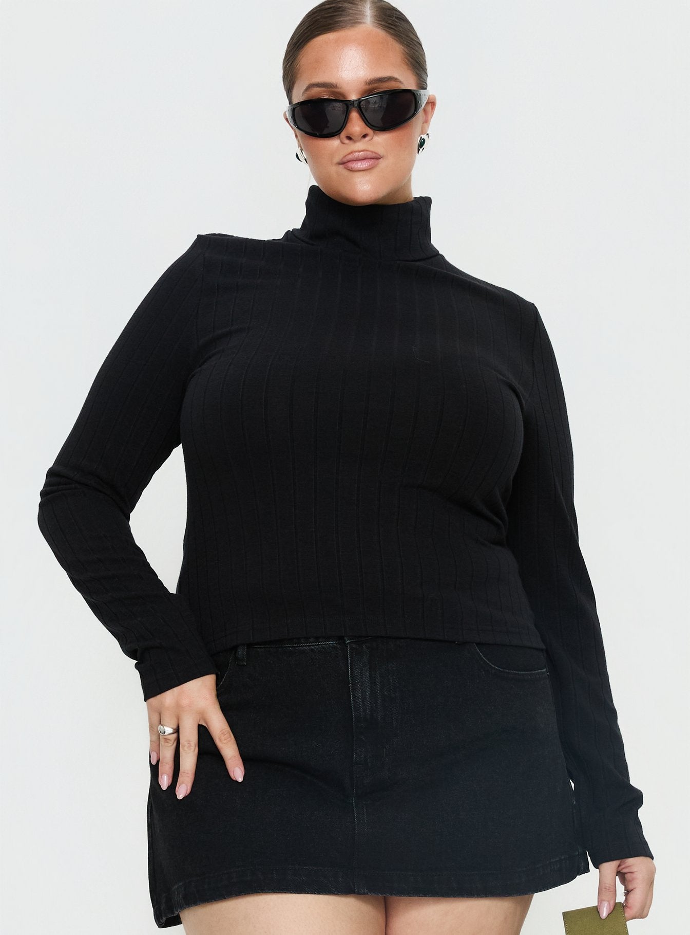 Enisa High Neck Long Sleeve Top Black Curve - Image 2