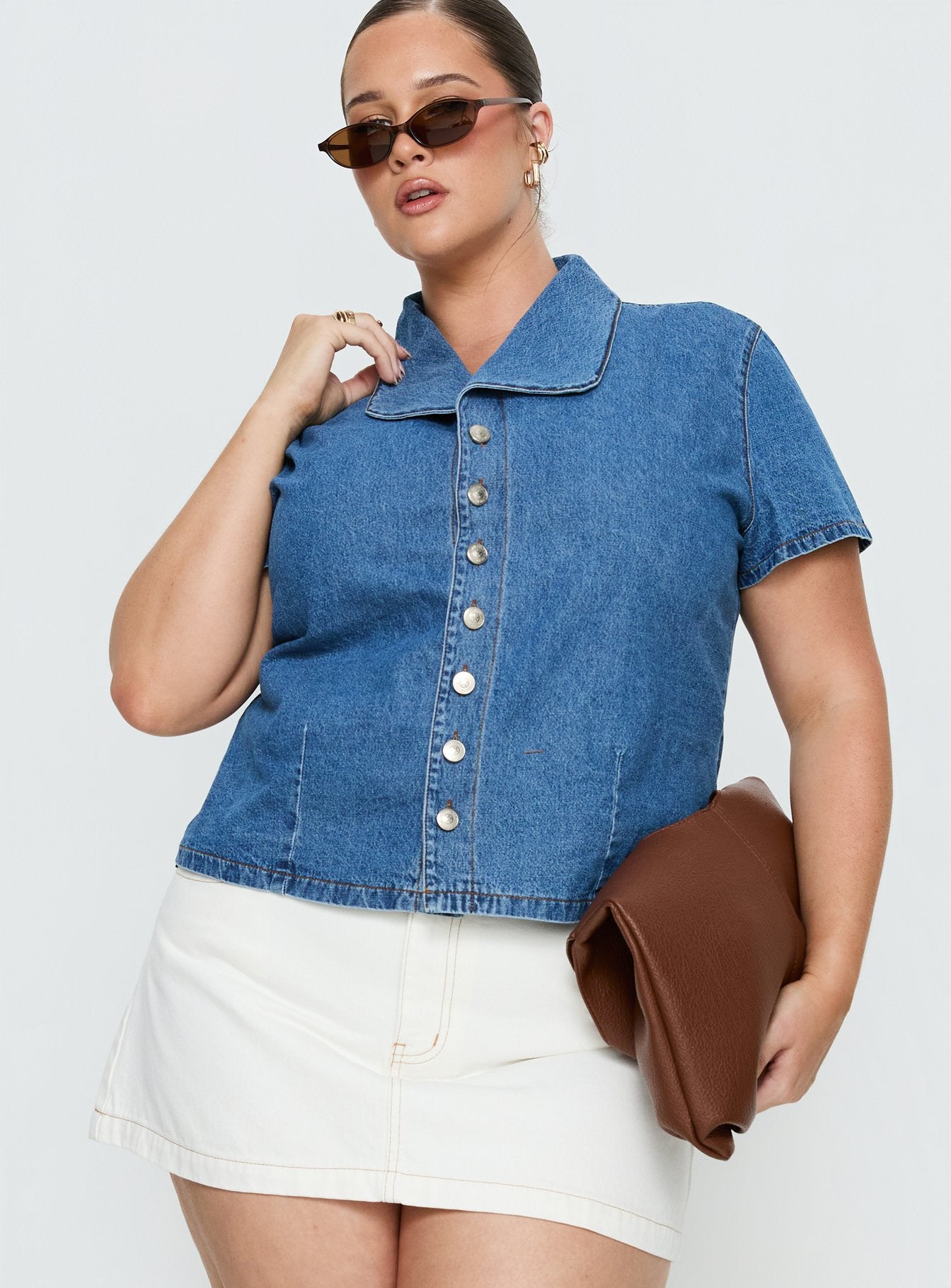 Ellix Button Up Top Blue Denim Curve - Image 2