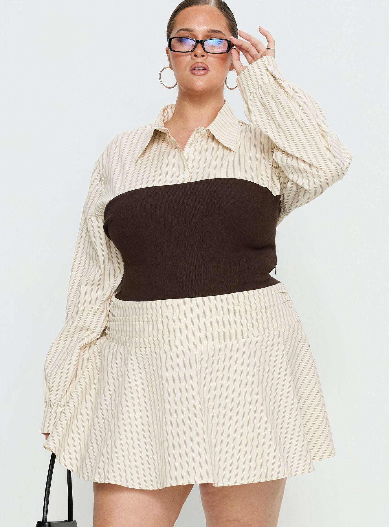 Belva Long Sleeve Corset Shirt Mini Dress Brown Stripe Curve - Image 2
