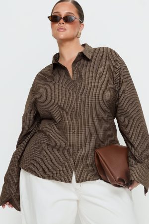 Xinia Tie Waist Long Sleeve Shirt Brown Check Curve