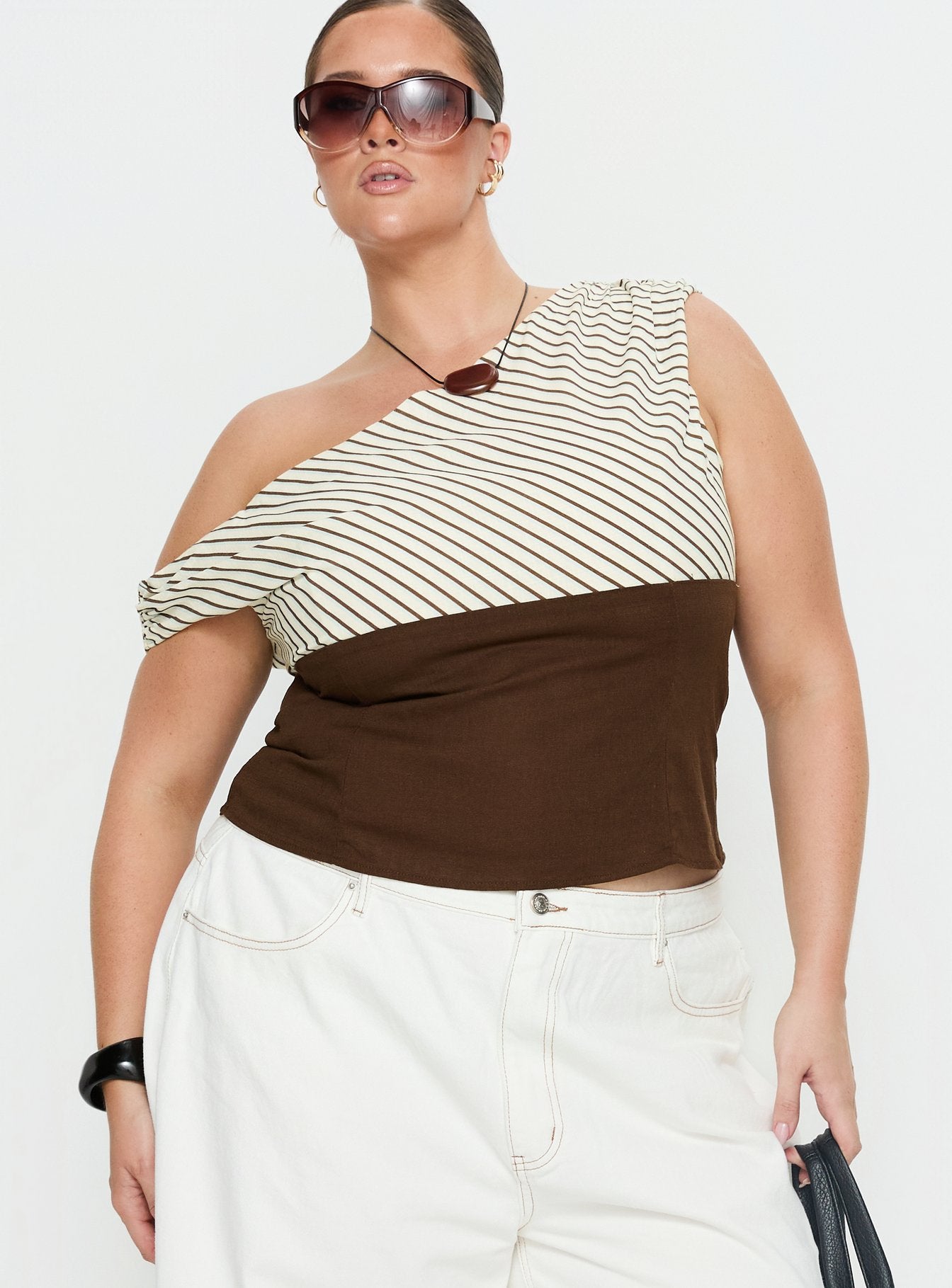 Past Life One Shoulder Top Brown / Stripe Curve - Image 2