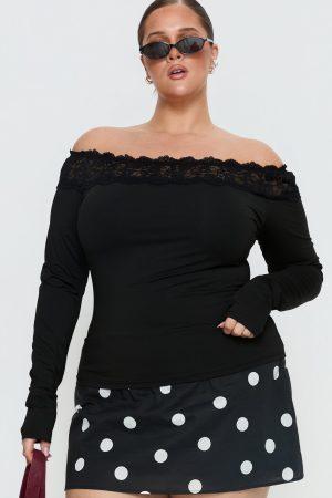 Breiann Lace Off Shoulder Long Sleeve Top Black Curve