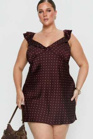 Kamillah Frill Mini Dress Burgundy Polka Dot Curve