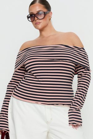 Janicia Off Shoulder Top Pink Stripe Curve