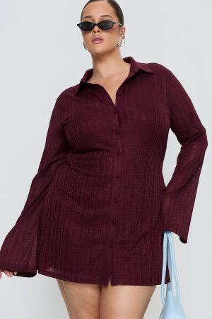 When You Sleep Long Sleeve Mini Dress Wine Curve