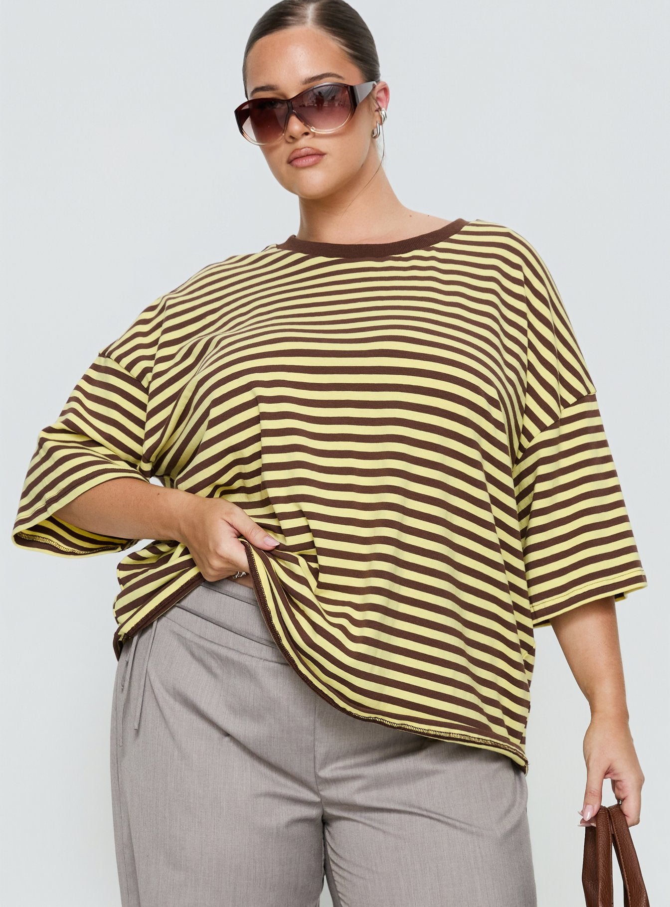 Settle Down Short Sleeve Top Yellow / Brown Stripe Curve - Image 2