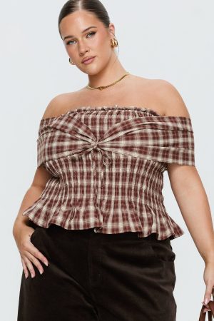 Avalynn Off Shoulder Shirred Top Brown Check Curve