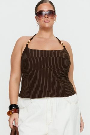 Cherise Bead Detail Top Brown Pinstripe Curve