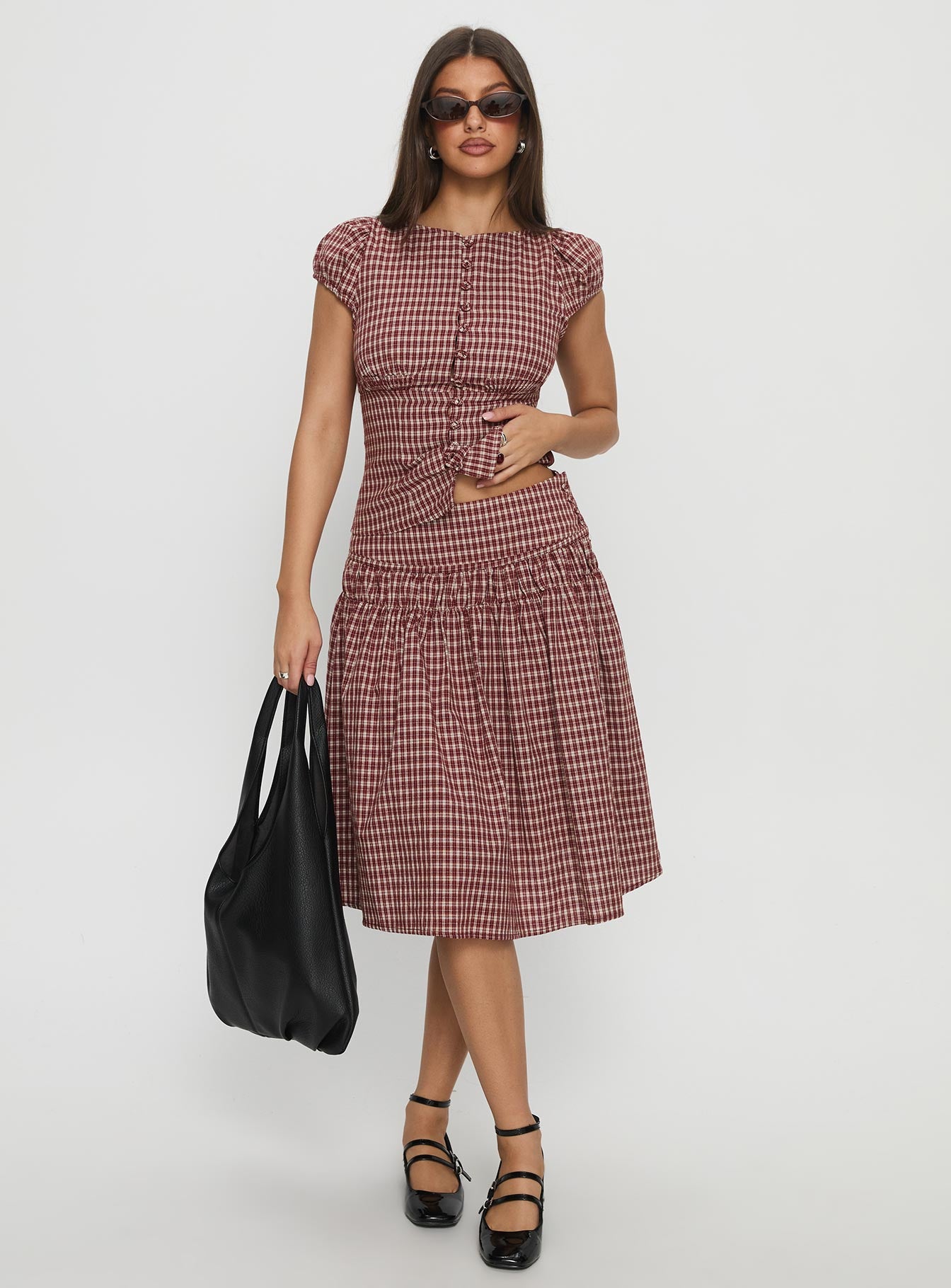Alixandra Ruched Midi Skirt Red Check - Image 2