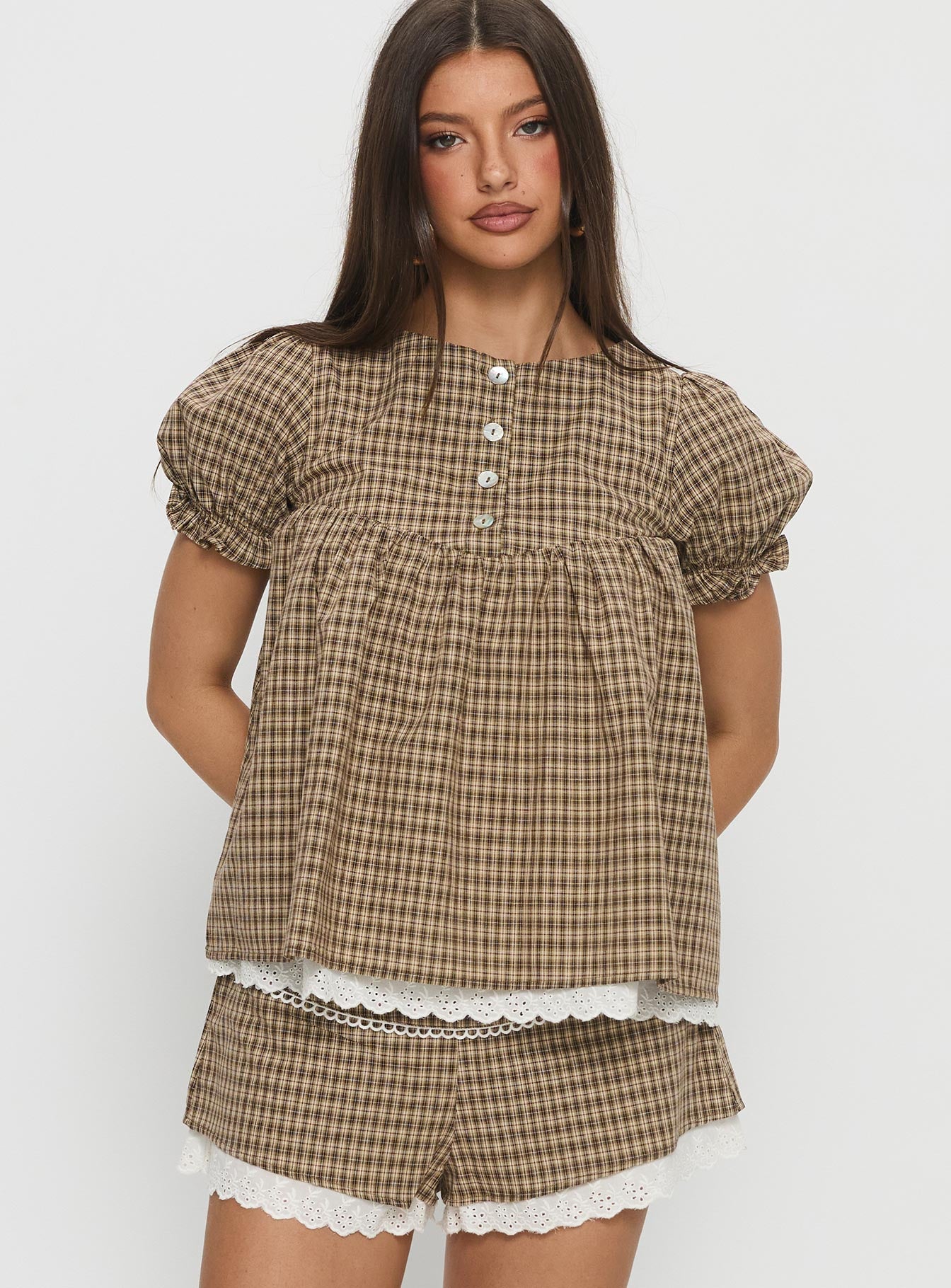 Chandelier Babydoll Top Brown Check - Image 2