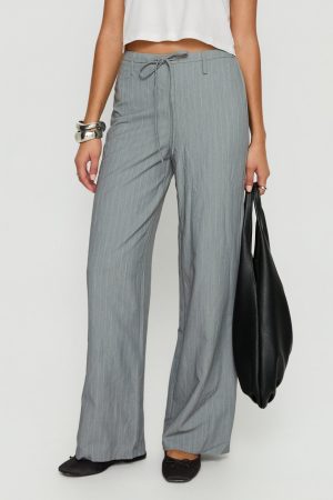 Idolised Tie Waist Pant Grey Pinstripe