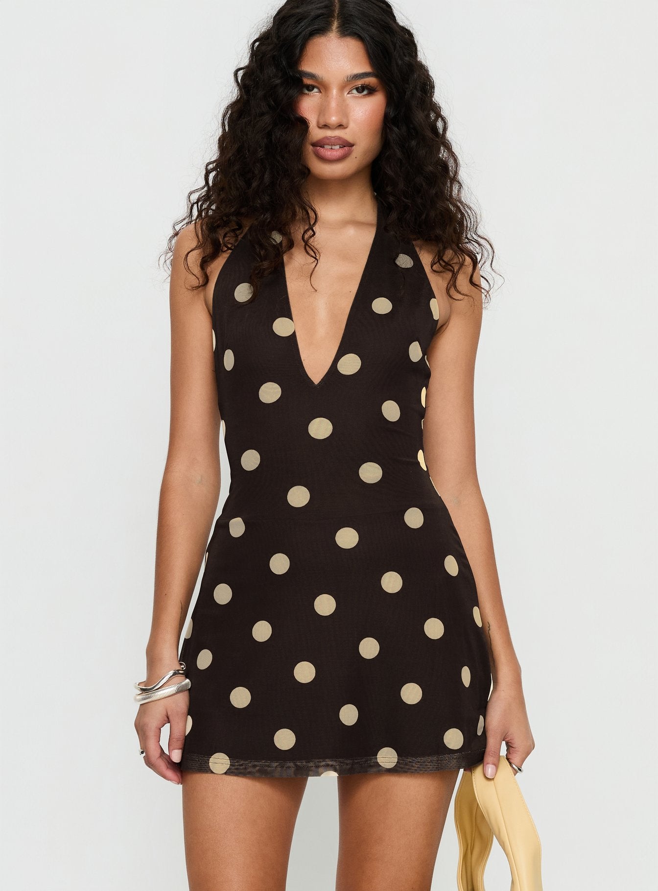 Hollywood Hills Plunge Neck Playsuit Brown Polka - Image 2