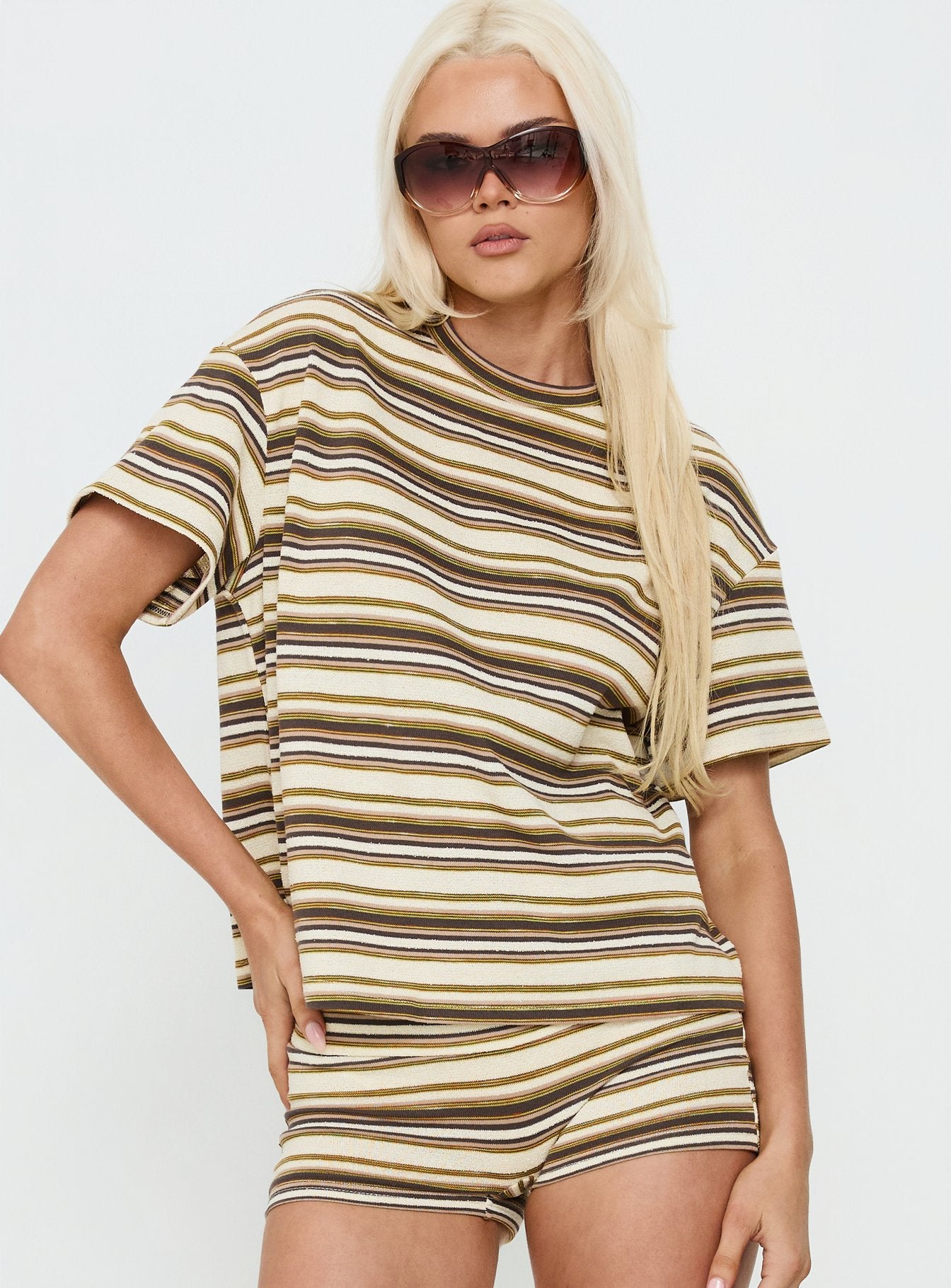 Rubez Terry Towelling Boxy Top Brown Stripe - Image 2