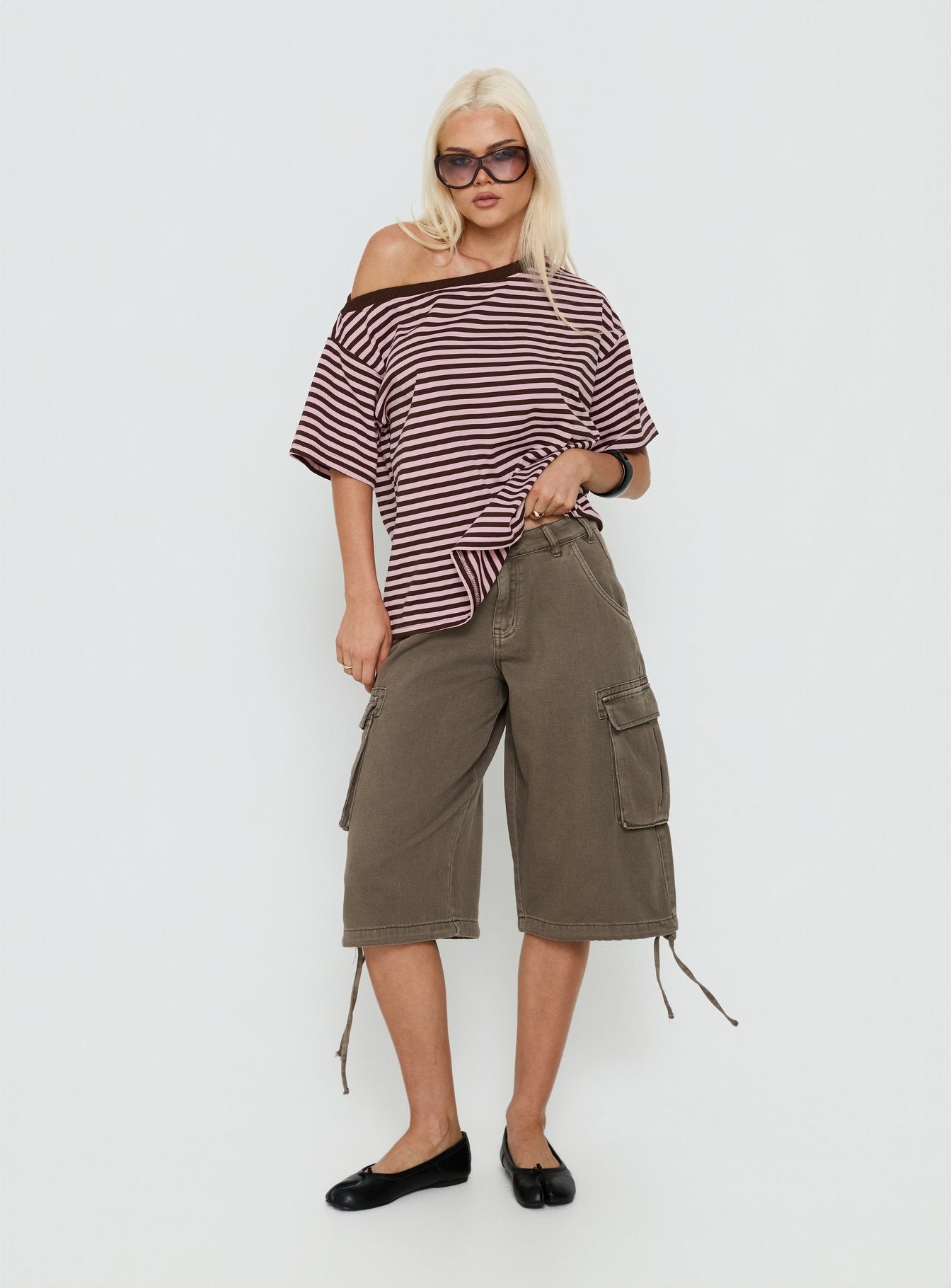 Settle Down One Shoulder Top Pink / Chocolate Stripe - Image 2