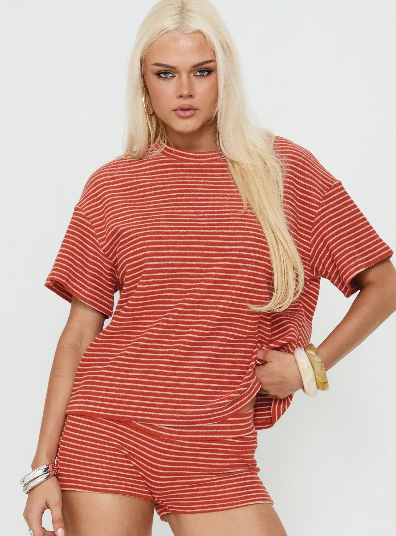 Rubez Terry Towelling Boxy Top Burnt Orange Stripe - Image 2