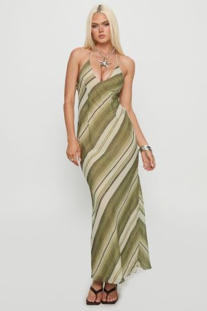 Esmira Halter Maxi Dress Green Stripe