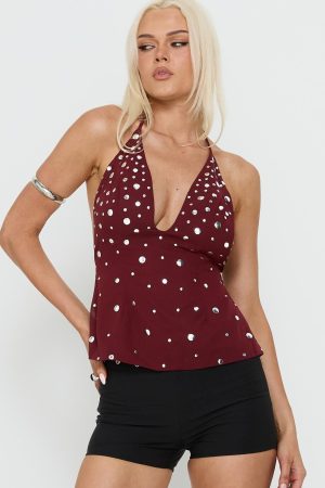 Tekapo Studded V-Neck Top Burgundy