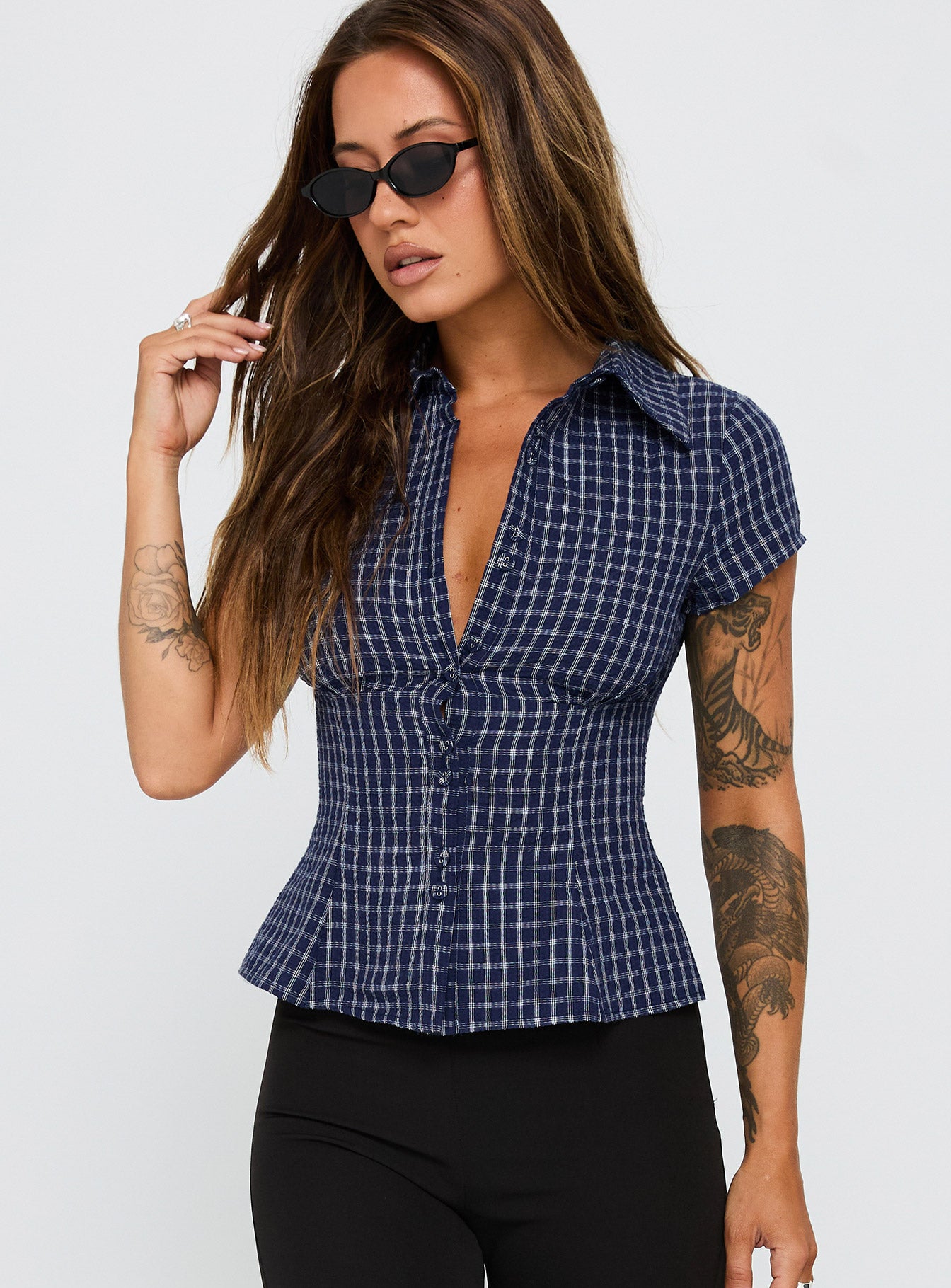 Cottesloe Blouse Top Navy Check - Image 2