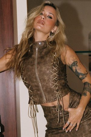 Ceejay Faux Leather Top Brown