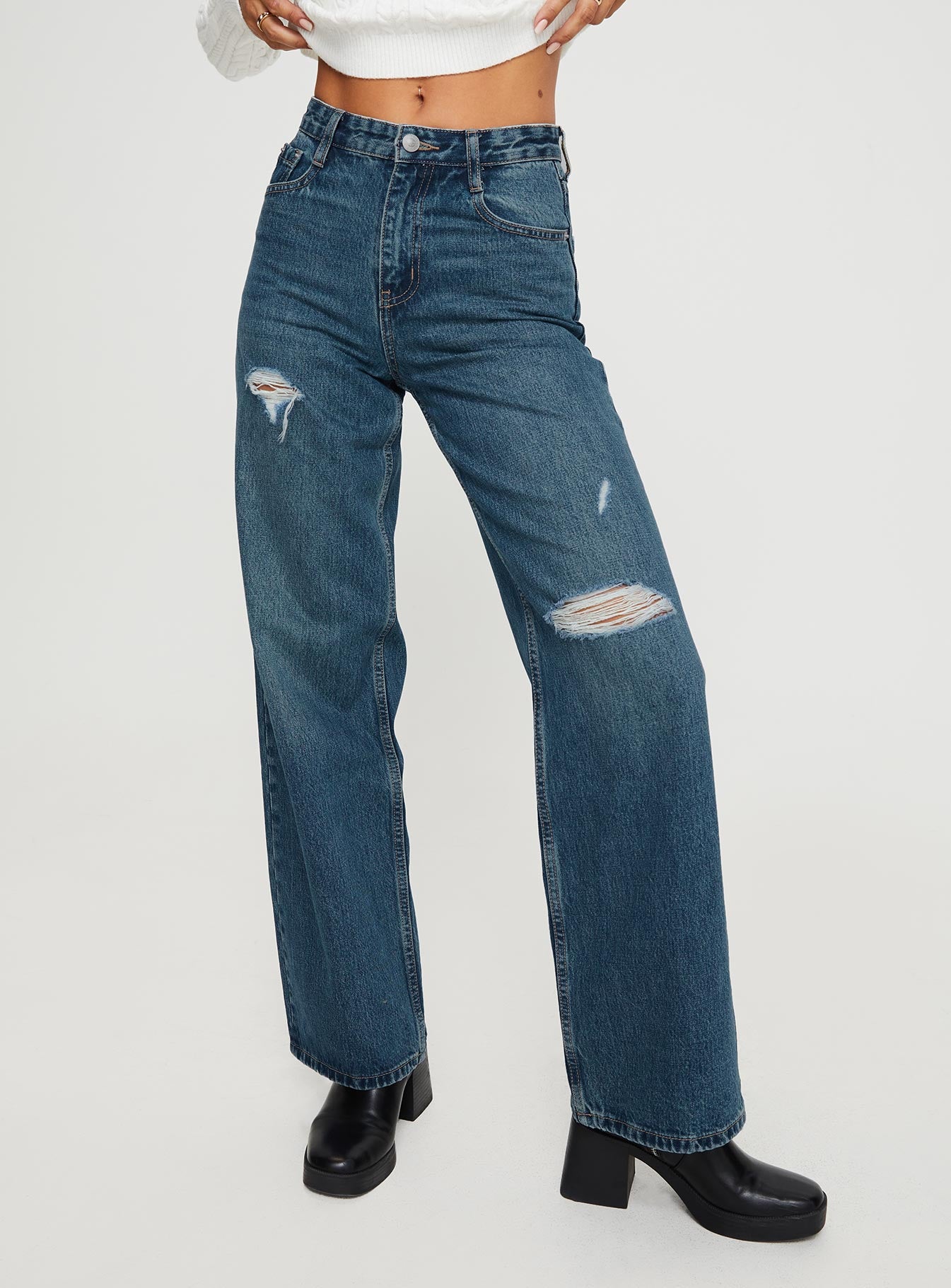 Beetle High Rise Wide Leg Ripped Jeans Mid Wash - Image 2