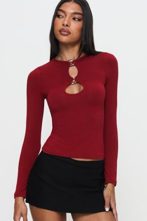 Orlaith Cut Out Long Sleeve Top Burgundy