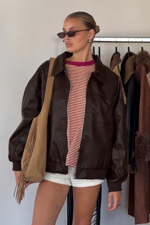 Goldsmith Faux Leather Bomber Jacket Brown
