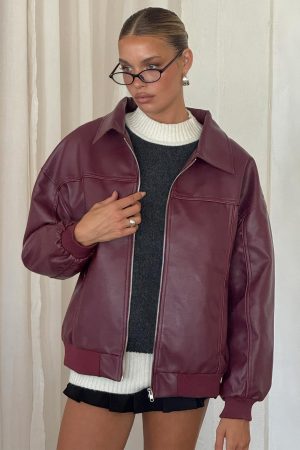 Goldsmith Faux Leather Bomber Jacket Burgundy
