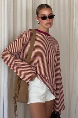 Settle Down Long Sleeve Top Lemon / Burgundy Stripe