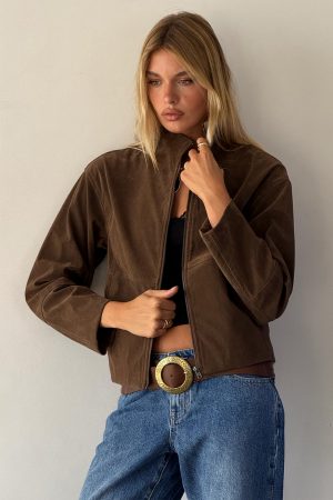 Jessalynn Faux Suede Zip Through Jacket Brown