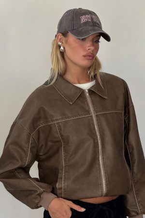 Goldsmith Faux Leather Bomber Jacket Washed Dark Brown