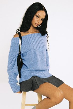Parkley Boucle Off The Shoulder Sweater Blue